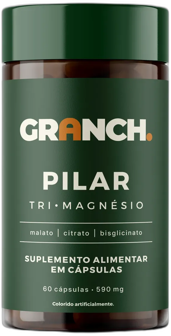 Pote do GRANCH PILAR Tri-Magnésio, 60 cápsulas, com malato, citrato e bisglicinato de magnésio.