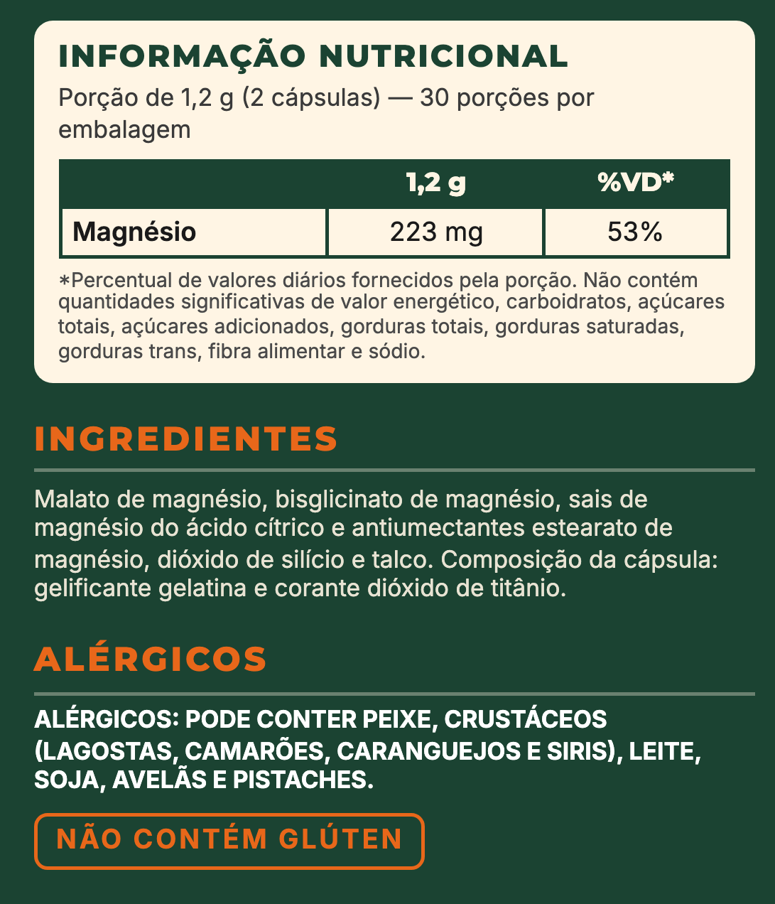 Painel do rótulo do PILAR: informação nutricional com 223 mg de magnésio e 53% do valor diário, lista de ingredientes e alérgicos.